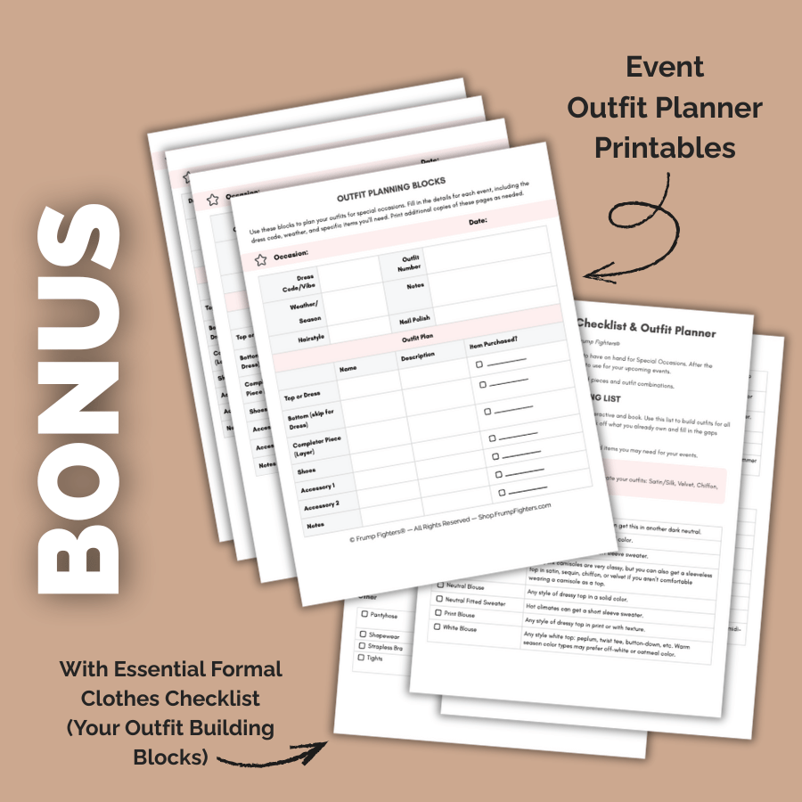 Event outfit planner printables with checklist on a beige background
