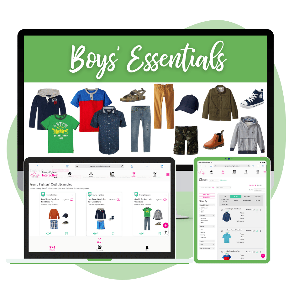 Title of the collection with preview of outfits and capsule wardrobe images: Discover The Boys' Essentials Style Collection - Capsule Wardrobe for Kids, Back to School Outfit Ideas