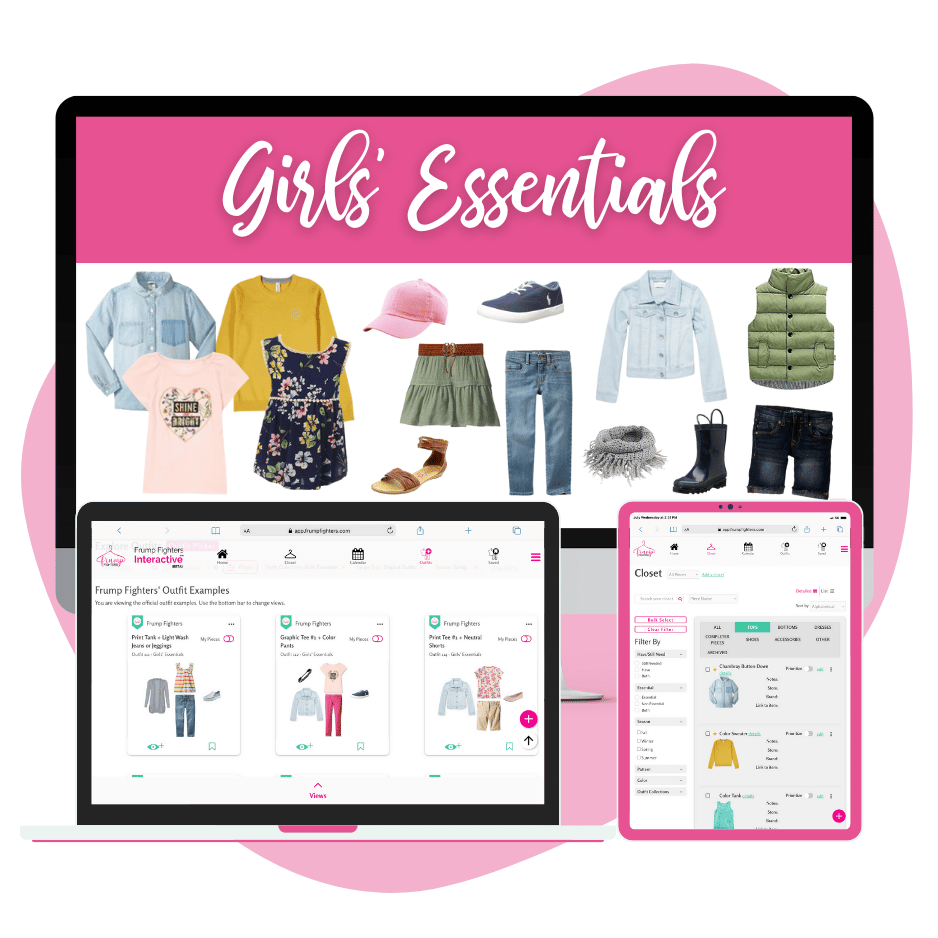 Title of the collection with preview of clothes and girls capsule wardrobe images on device screen.