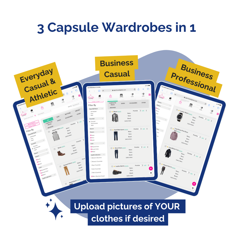 Shows 3 mens capsule wardrobes, from casual mens capsule wardrobe to business casual and even business professional.