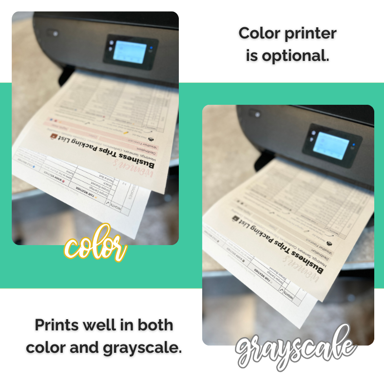 Showing that Packing Lists Printables for the Family print well in both color and grayscale ink