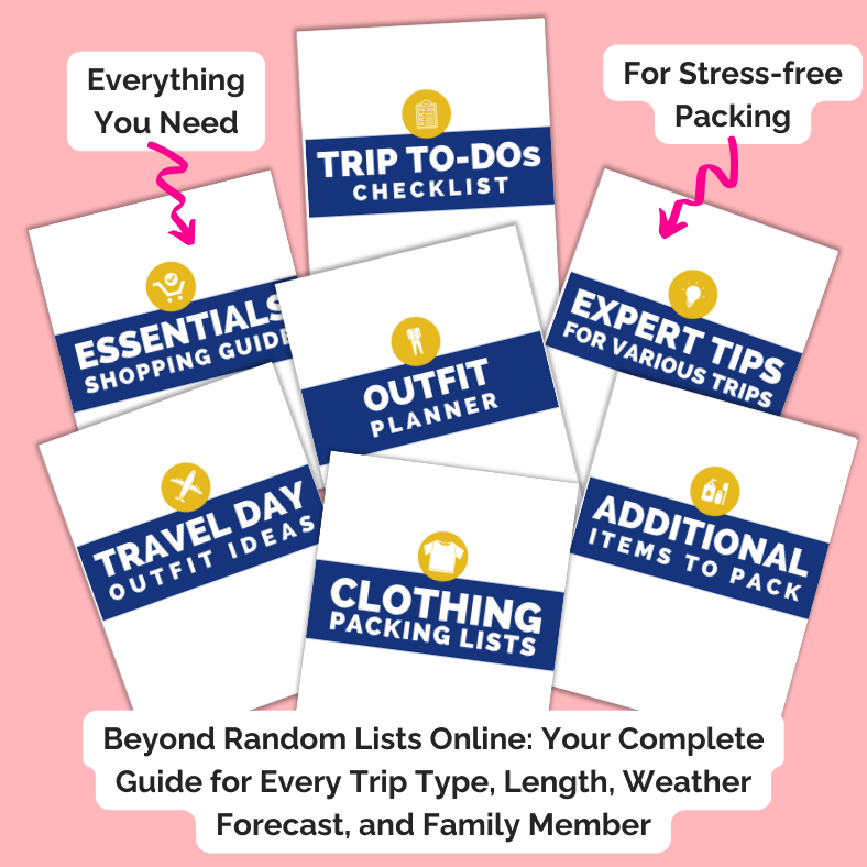 Showing the different sections of Packing Made Easy Printable Traveling Lists Pack - Beyond Random Lists Online, it's Your Complete Guide for Every Trip Type, Length, Weather Forecast, and Family Member