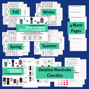 Everything you get with the The Women's Business What-to-Wear Outfit Calendar - Business Casual Capsule Wardrobe Plan Checklist Printable and 132 Outfit Ideas for Spring, Summer, Fall and Winter.