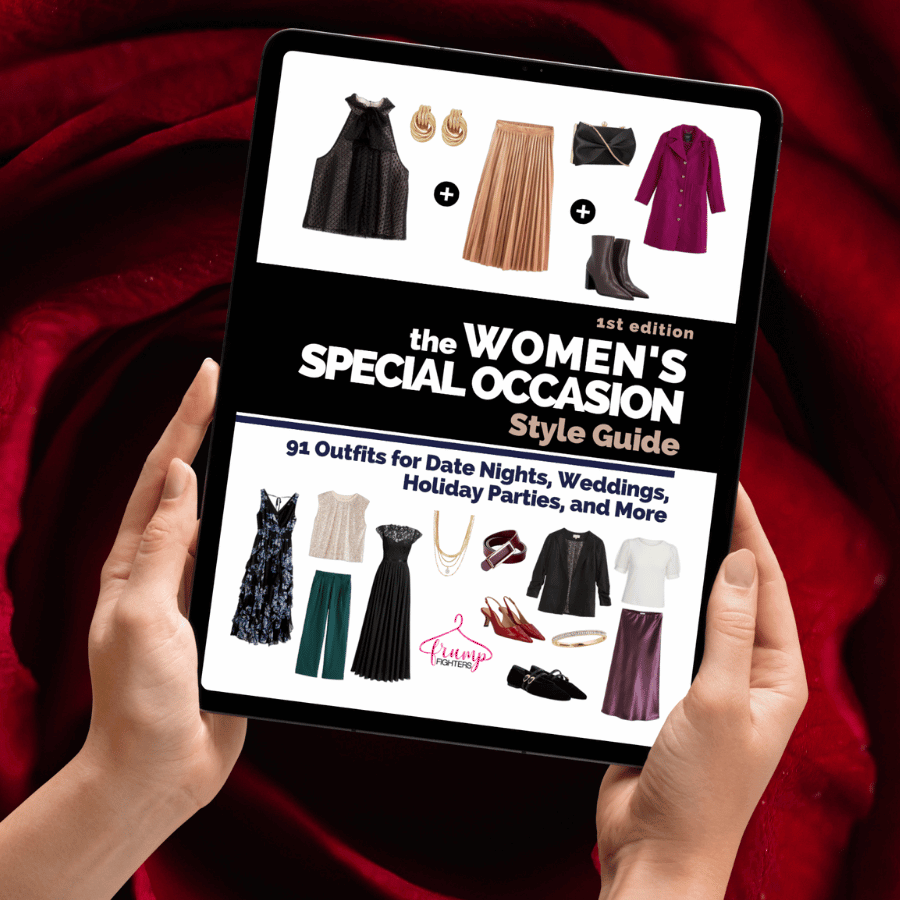 Hands holding a tablet displaying the Women’s Special Occasion Style Guide against a red rose background.