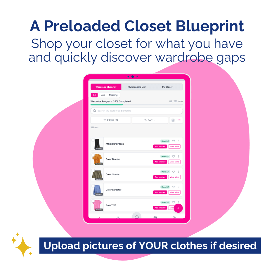 Digital app interface for managing a wardrobe with a pink circle and text about preloaded closet blueprint.