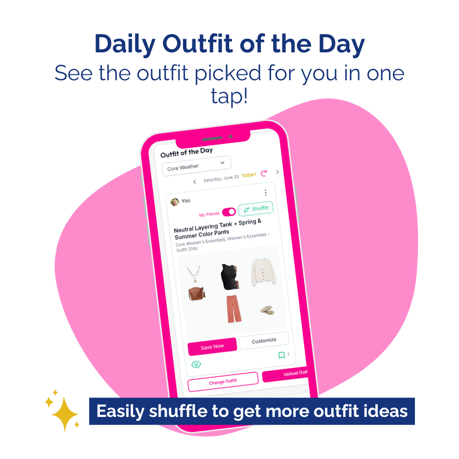 Phone displaying 'Daily Outfit of the Day' app with pink accent on a white background