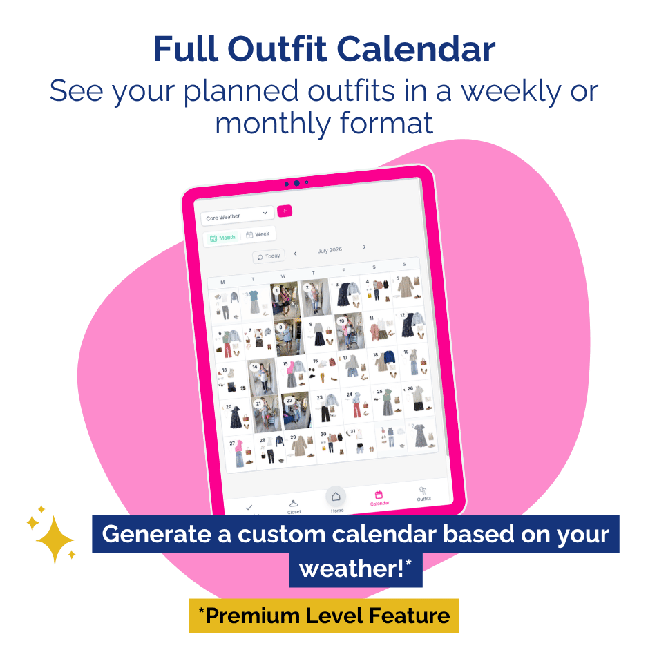 Digital calendar app on a tablet with outfit suggestions, displayed on a white background.