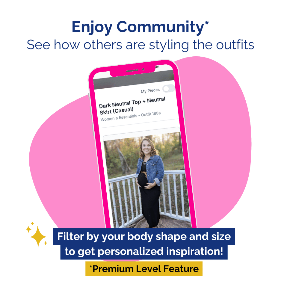 Phone screen showing a woman in an outfit with text about community styling and personalized inspiration.