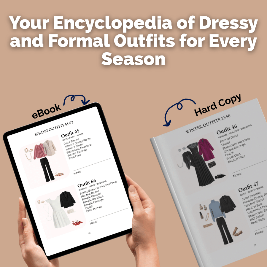 eBook and hard copy of an encyclopedia for dressy and formal outfits on a beige background