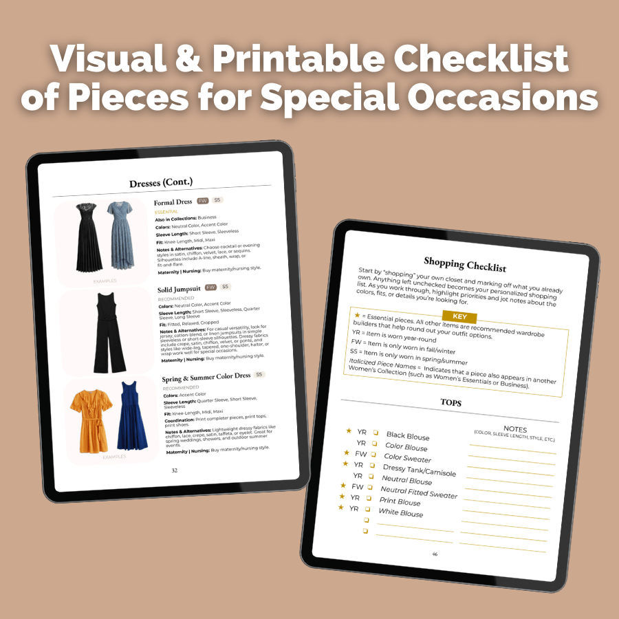 Two tablets displaying a visual and printable checklist of pieces for special occasions on a beige background.