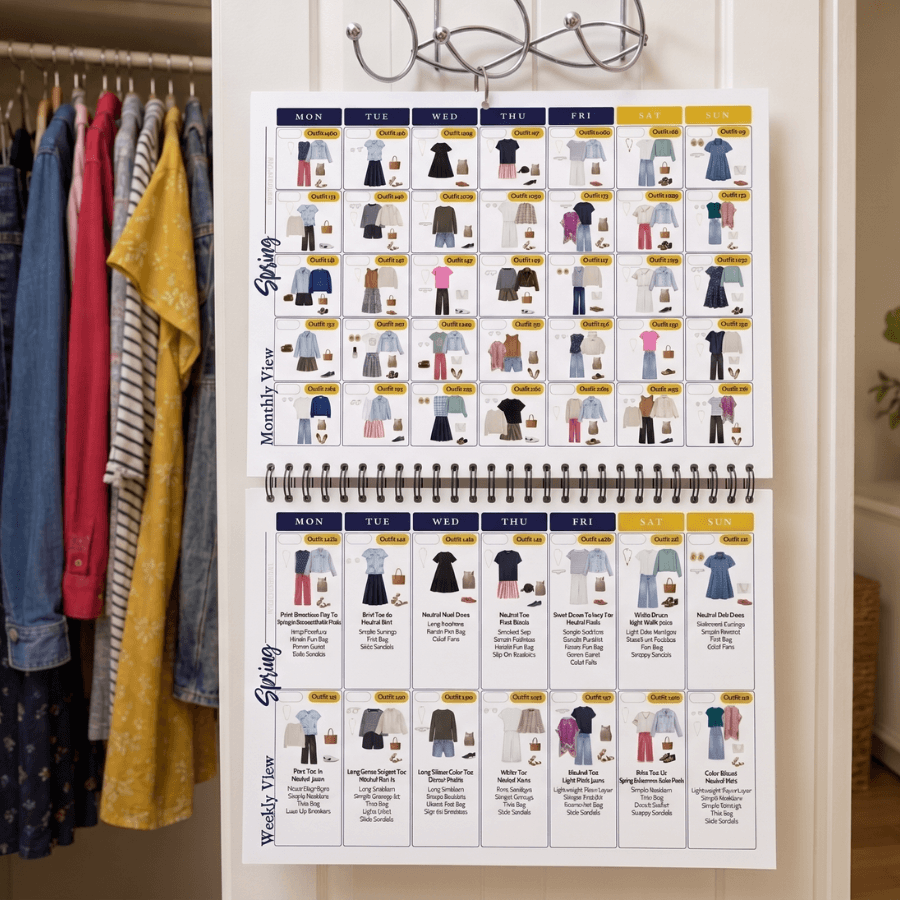Outfit calendar hanging in a closet, open to monthly and weekly spring capsule wardrobe outfit pages