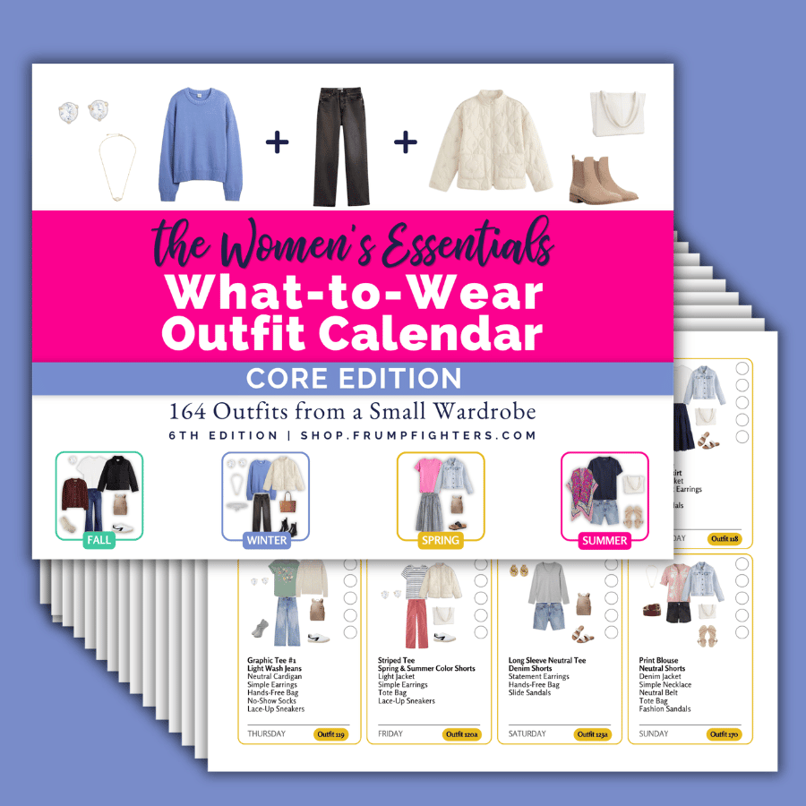 Calendar titled 'The Women's Essentials What-to-Wear Outfit Calendar' on a blue background