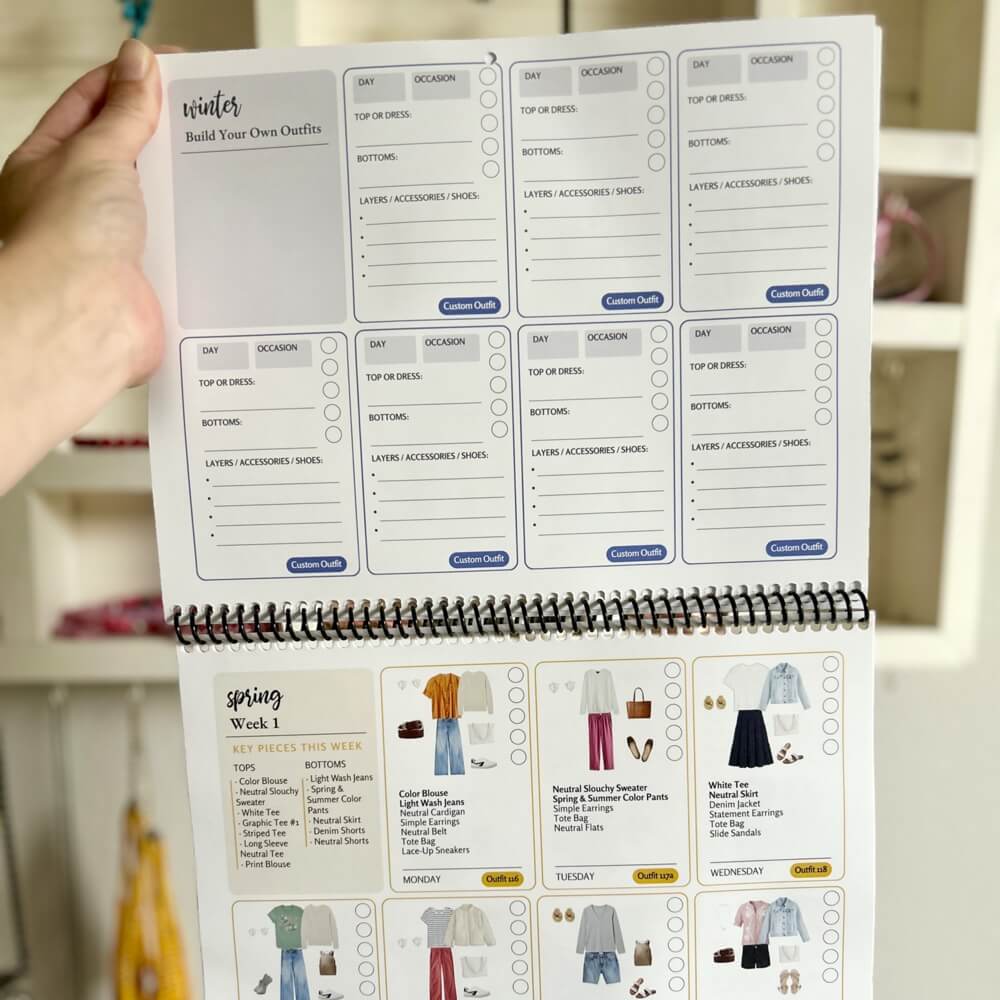 Holding open the Core Women's Essentials What to Wear Outfit Calendar by Frump Fighters, showing winter and spring pages