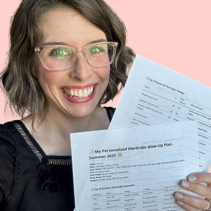 Smiling woman holding a 2-page seasonal wardrobe printable created by a custom wardrobe plan generator, tailored to moms based on body shape, budget, and style preferences.