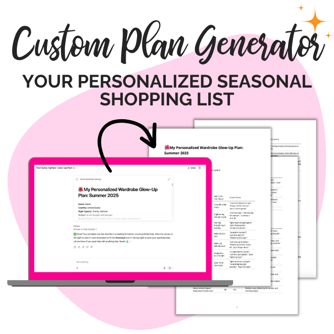 Screenshot of a personalized seasonal wardrobe plan generator for moms showing a custom printable with clothing recommendations by category, body type, color palette, and shopping search terms.
