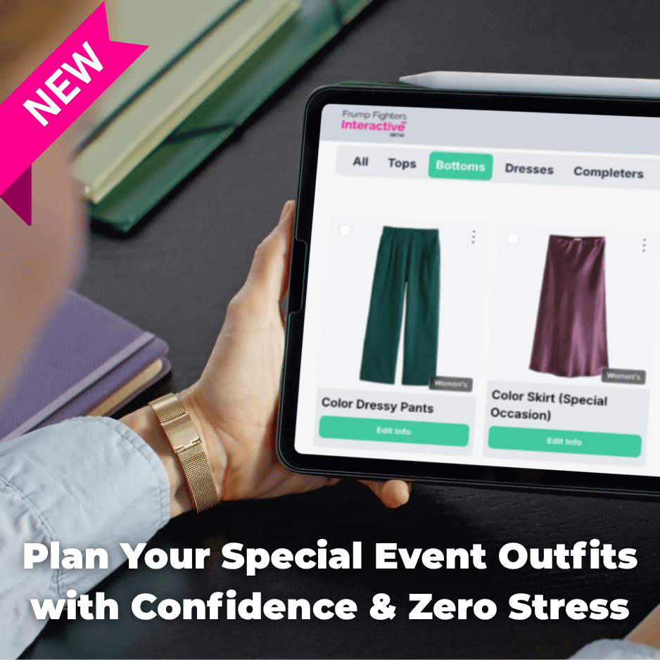 Tablet showing the Women’s Special Occasion Capsule piece list inside the Interactive app, highlighting dressy pants and skirts for special events.