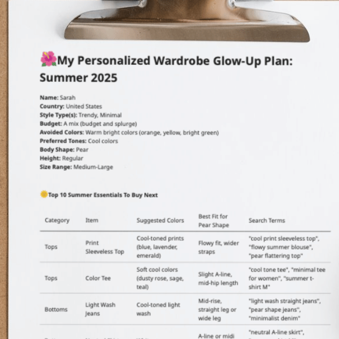 Personalized wardrobe plan for summer 2025 with product suggestions and search terms.