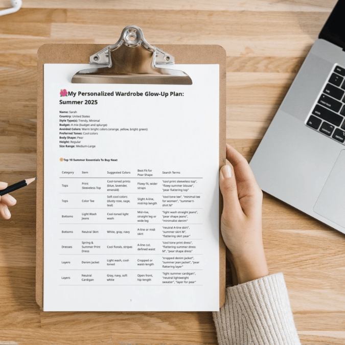 Clipboard on a desk showing a personalized wardrobe plan for moms, listing 20 essential pieces, recommended colors and fits, and shopping terms—tailored to body type, color season, and lifestyle.