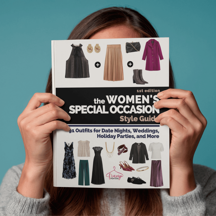 Woman holding the Women’s Special Occasion Style Guide book, showing outfit examples for weddings, holiday parties, and date nights.