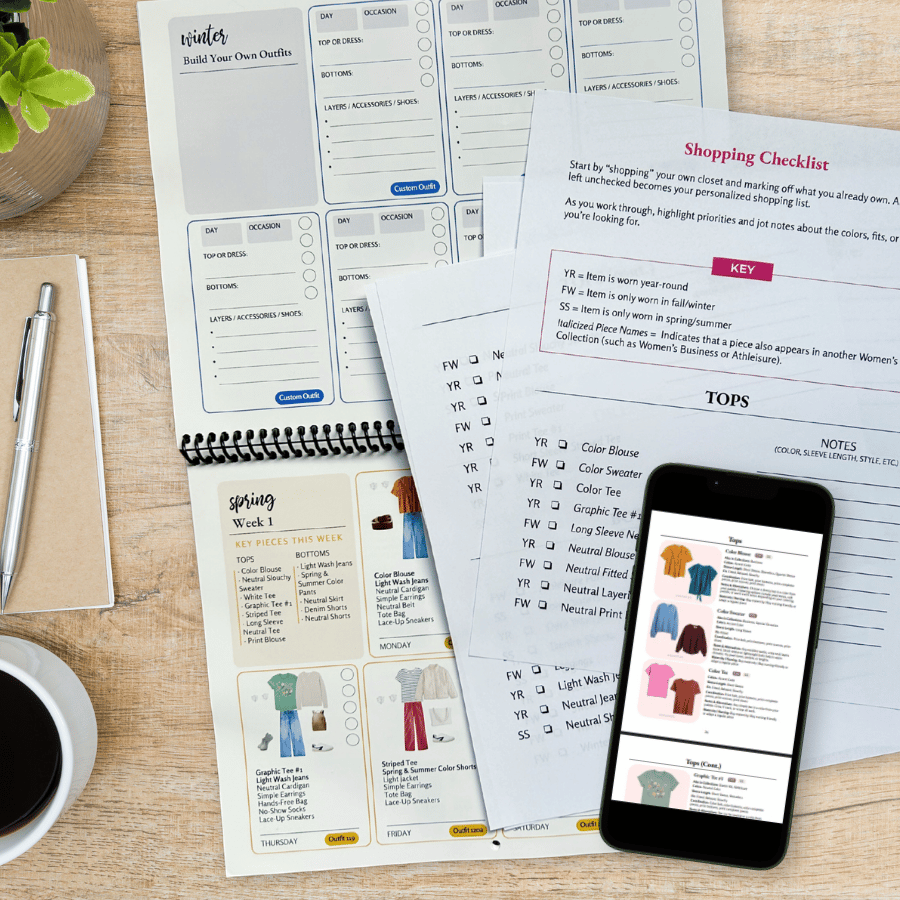 Outfit Planner and checklists on a wooden surface with a smartphone displaying the PDF file.
