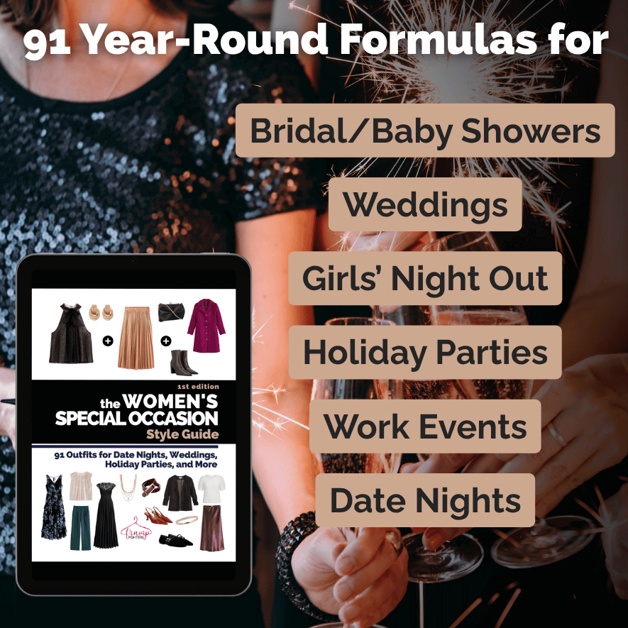Graphic showing the Women’s Special Occasion Style Guide with text highlighting 91 outfit formulas for weddings, holiday parties, date nights, work events, and showers.
