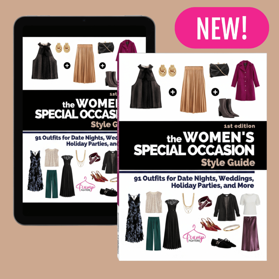 Ebook and hard copy of the Women’s Special Occasion Style Guide showing dressy outfit combinations and special occasion capsule pieces.