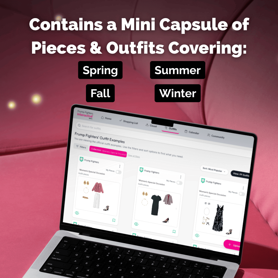 Graphic showing the Women’s Special Occasion Capsule inside the Interactive app on a laptop with seasonal outfit examples for spring, summer, fall, and winter.