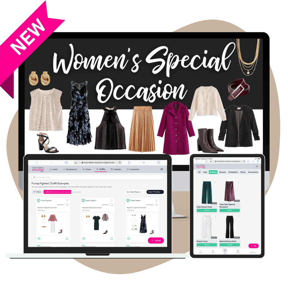 Promotional graphic showing the Women’s Special Occasion Capsule Wardrobe inside the Interactive app on laptop and tablet screens with dressy outfit examples.