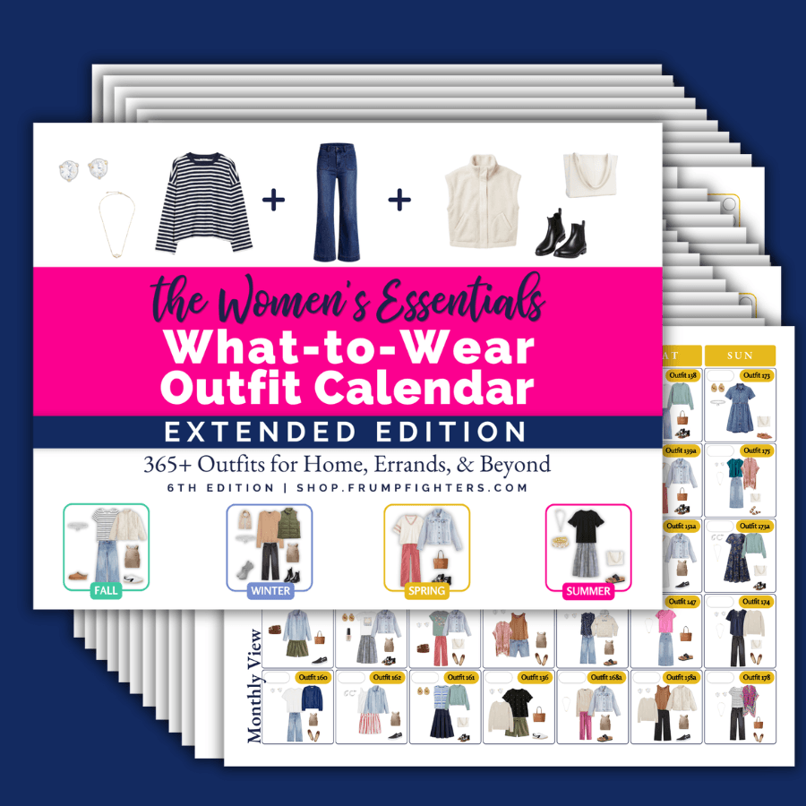 Fanned stack of calendar pages holding 365+ capsule wardrobe outfits for all four seasons