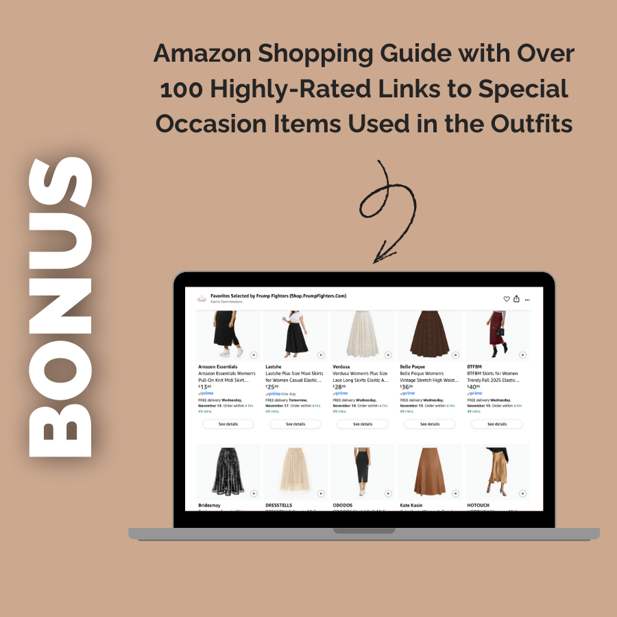 Laptop screen displaying an Amazon shopping guide with skirt images on a brown background.
