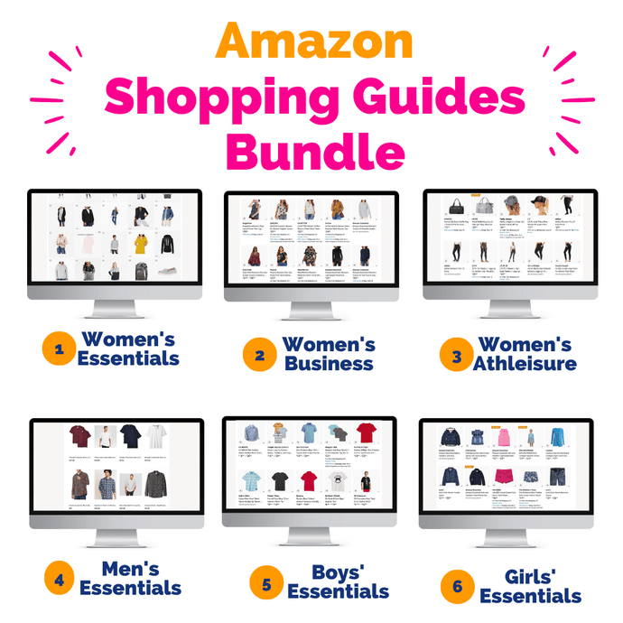 Graphic showing what you get in Amazon Shopping Guide Bundle that includes recommendations for women's essentials, men's essentials, business casual, athleisure, and girls and boys essentials