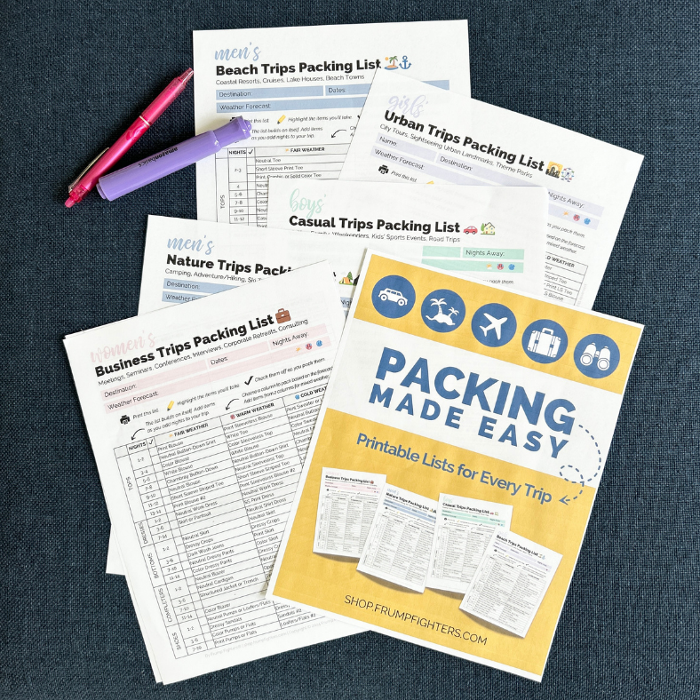 Showing printed packing lists on couch. All family members packing lists in one place! Easy-to-follow printable packing lists making trip preparation stress-free.