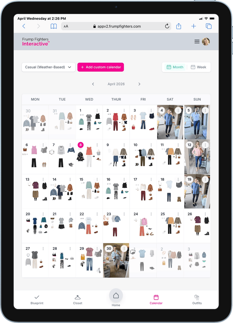 Frump Fighters Interactive on mobile showing daily outfit