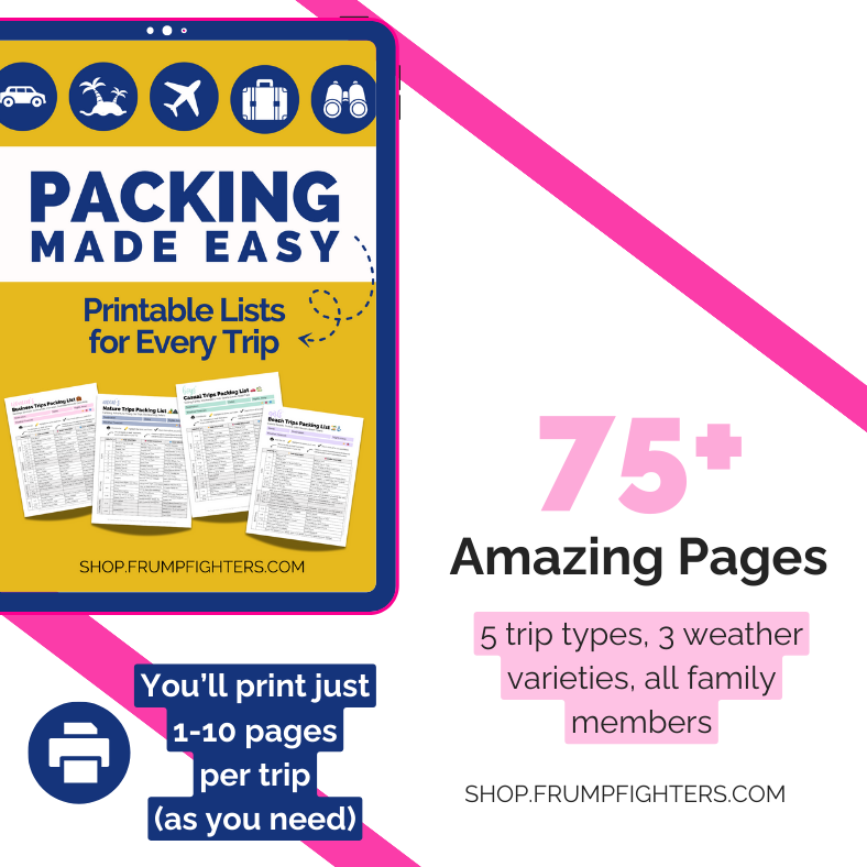 How to make packing less stressful: Graphic stating page numbers, and how many you print per trip from Packing Made Easy Printable Lists pack!