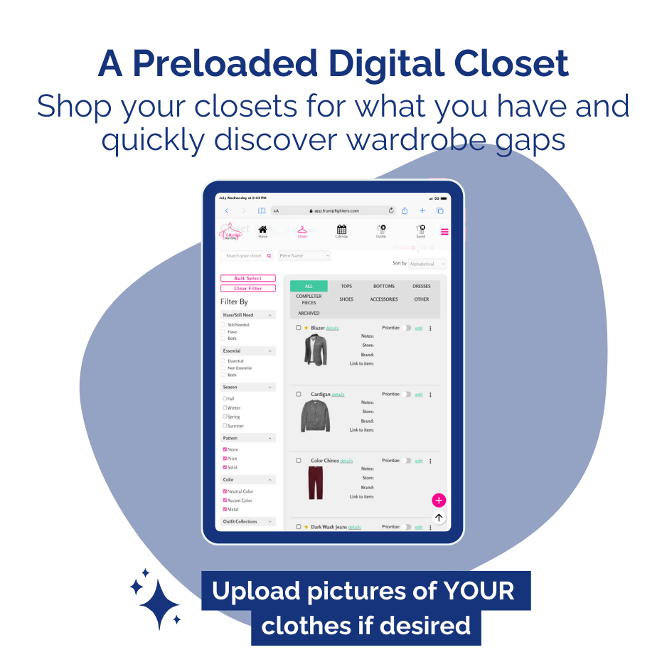 Preloaded digital closet showing men's clothing items: Preloaded Digital Closet with Men's Capsule Wardrobe Ideas - Casual, Business Casual, and Relaxed Styles