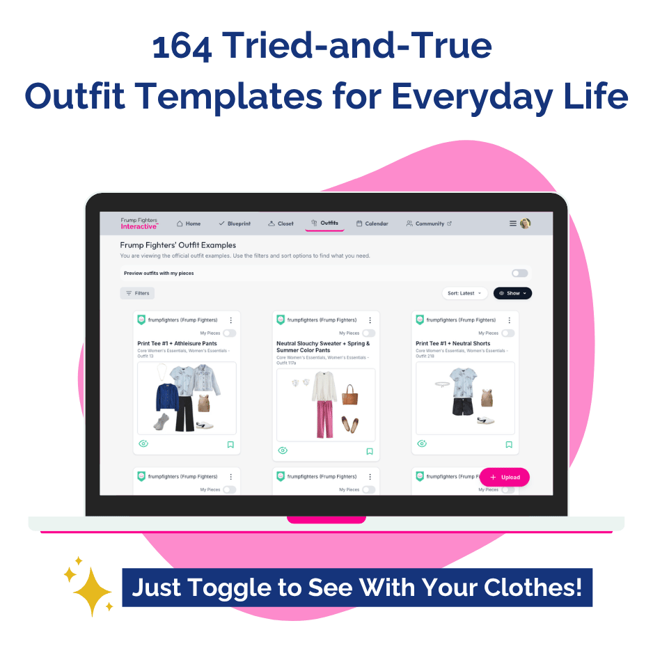 Computer screen displaying outfit templates with promotional text about tried-and-true templates for everyday life.