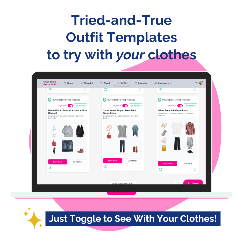 Computer screen displaying outfit templates with text about tried-and-true outfit suggestions.