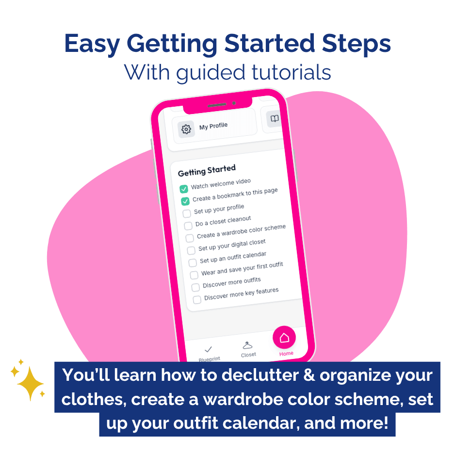 Phone screen with 'Getting Started' steps on a pink and blue background
