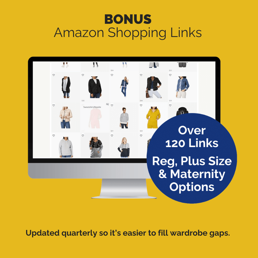 Bonus Amazon shopping links with over 120 capsule wardrobe essentials in regular, plus size and maternity