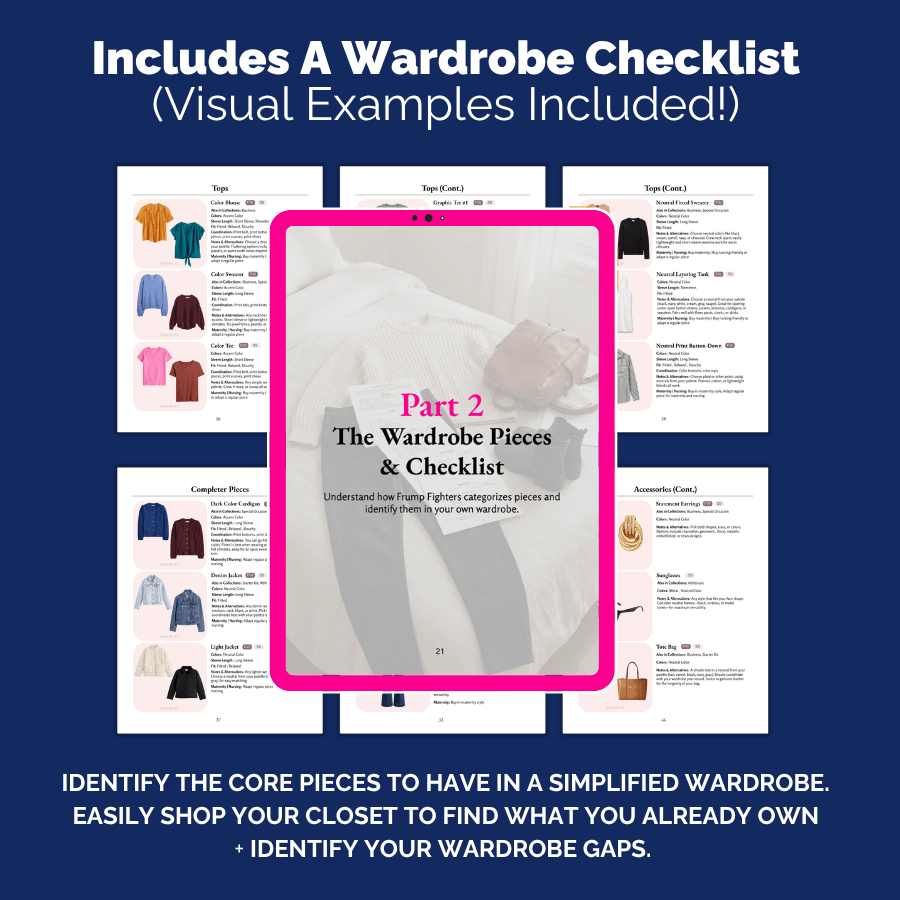 Part 2 visual capsule wardrobe checklist showing tops, complementer pieces and accessories to look for