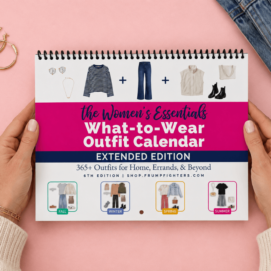 Woman holding the What-to-Wear Outfit Calendar to decide what to wear today, pink background with denim